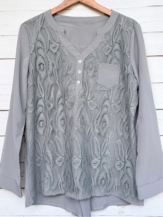 Tops - Sheer Floral Lace Overlay Split V-Neck Henley Blouse - Large